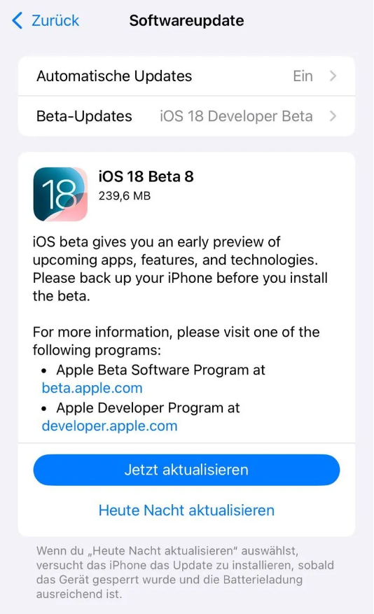 宁德苹果手机维修分享苹果 iOS / iPadOS 18 开发者预览版 Beta 8 发布 